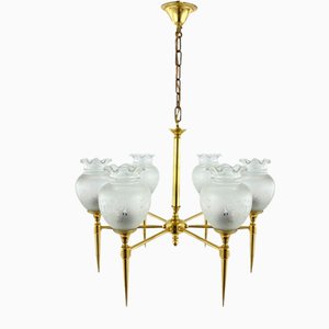 Vintage Brass and Frosted Glass Chandelier, France, 1970s