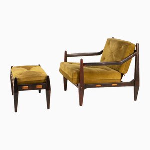 Mid-Century Easy Chair in Rosewood and Suede with Ottoman by Jean Gillon, 1960s, Set of 2