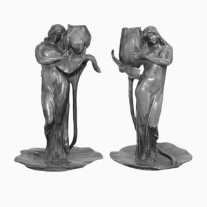 Bougeoirs Figuratifs en Étain par Alexandre Clerget, France, 1900, Set de 2