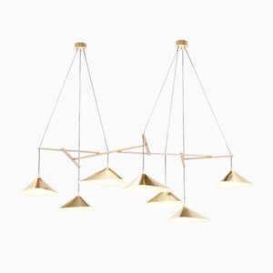 Emily Group of Seven Handmade Hanging Lamp with Brass Shade by Daniel Becker