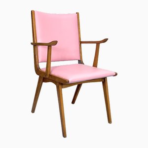 Vintage Italian Wood Accent Chair in Pink Leatherette, Italy, 1950s