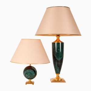 Mid-Century Modern Faux Green Malachite and Gold Brass Table Lamps in the Style of Maison Charles, 1970s, Set of 2