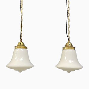 Opaline Glass Hanging Lamps with Brass Luminaire, 1920s, Set of 2
