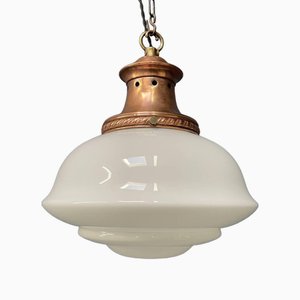 Large English Opaline Glass Hanging Lamp with Copper Fixture