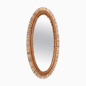 Mid-Century French Riviera Oval Wall Mirror with Bamboo and Rattan Frame by Franco Albini, 1960s