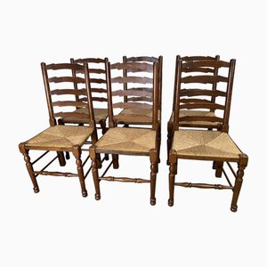 Oak Ladder Back Lancashire Dining Rush Seated Chairs, 1860s, Set of 6