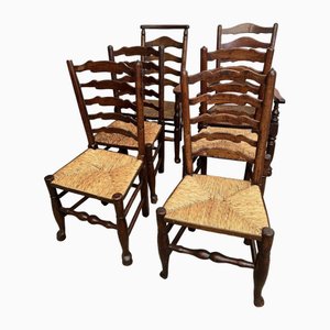Oak & Rush Ladderback Lancashire Dining Chairs, 1840s, Set of 6
