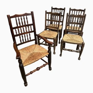 Fruitwood & Rush Spindleback Dining Chairs, 1920s, Set of 5