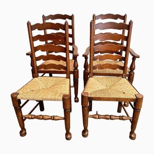Oak & Rush Ladderback Lancashire Dining Chairs, 1860s, Set of 4