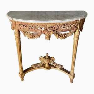 18th Century Console in Gilded Wood & White Marble Falling Flowers