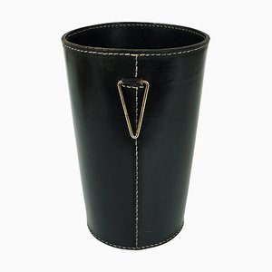 Mid-Century Black Leather & Brass Wastepaper Basket attributed to Carl Auböck, Austria, 1950s