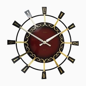 Large Mid-Century Brutalist Brass Sunburst Wall Clock from Junghans, Germany, 1950s