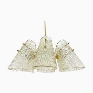 Brass Chandelier with Textured Glass Cone Lampshades attributed to J. T. Kalmar for Kalmar, Austria, 1950s