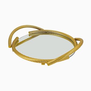 French Rope Mirror Serving Tray in Gilded Metal, 1970s