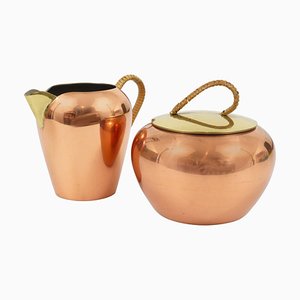 Austrian Copper and Brass Milk Creamer and Sugar Bowl with Lid, 1950s, Set of 2