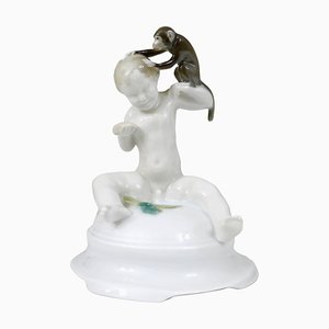 Porcelain Putto and Monkey Figurine attributed to Ferdinand Liebermann for Rosenthal, 1910