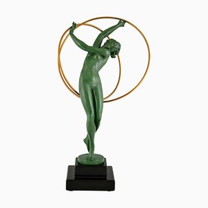 Pierre Le Faguays, Art Deco Nude Hoop Dancer, 1930, Metal on Marble Base