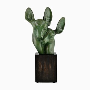 Georges H. Laurent, Busto Art Déco de dos ciervos, 1930, bronce sobre base de madera