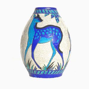 Art Deco Blue Deer Pottery Vase by Charles Catteau for Boch Frères, 1920s
