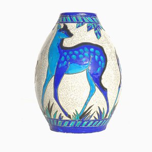 Vase Cerf Bleu Art Déco en Poterie par Charles Catteau pour Boch Frères, 1920s