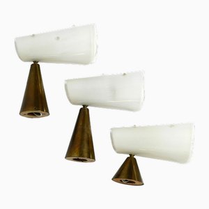 Mid-Century Brass Wall Lamps with Transparent Acrylic Glass Shades, 1950s, Set of 3