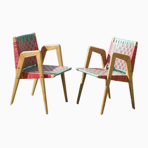 Compass Armchairs in Beech and Vinyl, France, 1950s, Set of 2