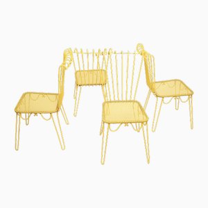Vintage Yellow Chairs in Wrought Iron attributed to Matthieu Mattegot, Set of 4