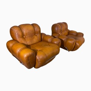 Mid-Century Italian Space Age Natural Leather Armchairs, 1970s, Set of 2