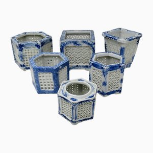 Japanese Painted Blue White Reticulated Hexagonal Porcelain Vases, Set of 9