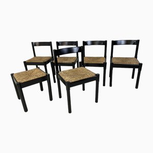 Mid-Century Modernist Black Beech and Papercord Carimate Dining Chairs & Stool by Vico Magistretti, 1960s, Set of 6
