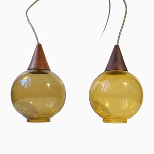 Scandinavian Modern Pendant Ceiling Lamps in Teak and Smoke Glass, 1960s, Set of 2