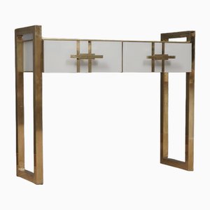 Mid-Century White Square Glass and Brass Console Table, 1980s