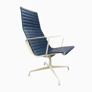 Ea 124 Rigid Blue Skye Leather and Aluminum White Frame Armchair by Charles for Ray Eames Vitra, 1970s