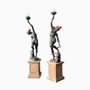 Statue di personaggi mitologici greci in bronzo su base in pietra, set di 2