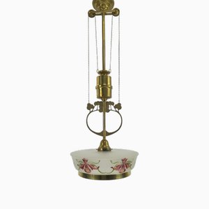 Adjustable Chandelier with Hand Painted Glass Shade from Vienna, 1920s