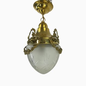 Vintage French Ceiling Lamp with a Sanded Glass Shade, 1910s