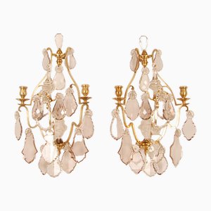 Antique French Wall Sconces in Crystal and Gold Gilded Bronze by Maison Charles, Set of 2