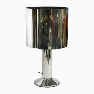 Lampada da tavolo grande in metallo cromato con paralume in metallo, anni '70