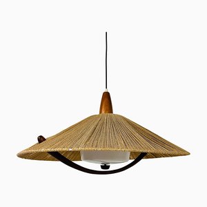 Mid-Century Hanging Lamp in Teak with Cord Shade from Temde, 1960