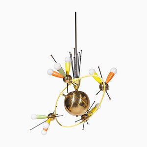 Space Age Brass Multicolored Chandelier in the style of Angelo Lelli, 1959