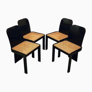 Space Age Italian Wood & Viennese Cane Dining Chairs by Pierluigi Molinari for Pozzi Milano, 1970s, Set of 4