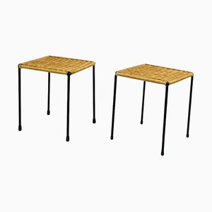 Mid-Century Austrian Black Steel and Wicker Side Tables attributed to Carl Auböck, 1950s, Set of 2