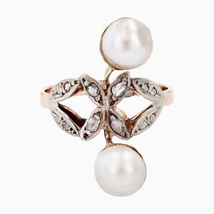 Antique 18 Karat Rose Gold Ring with Diamonds and Mabé Pearls