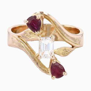 Französischer Ring aus 18 Karat Gelbgold mit Diamant und Rubin, 1960er