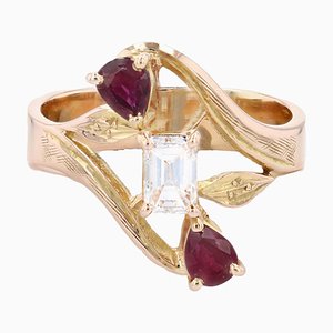 French 18 Karat Yellow Gold Ring with Diamond and Ruby, 1960s
