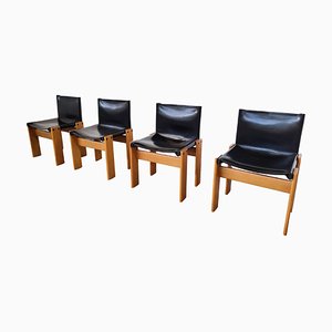 Monk Chairs in Black Leather by Afra and Tobia Scarpa for Molteni, 1970s, Set of 4