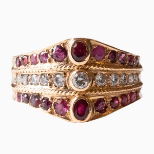 18 Karat Gold Triple Diamond and Ruby Ring, 1970s