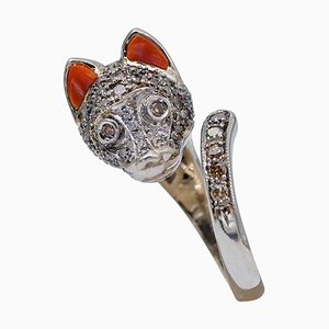 Anillo Lobo de oro blanco de 14 kt con coral y diamantes marrones