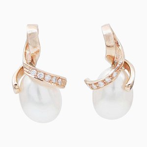 18 Karat Rose Gold Earrings with Pearls and Diamonds, Set of 2