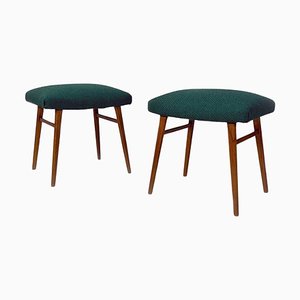 Italian Green Upholstered Poufs or Stools with Wooden Legs, 1960s, Set of 2